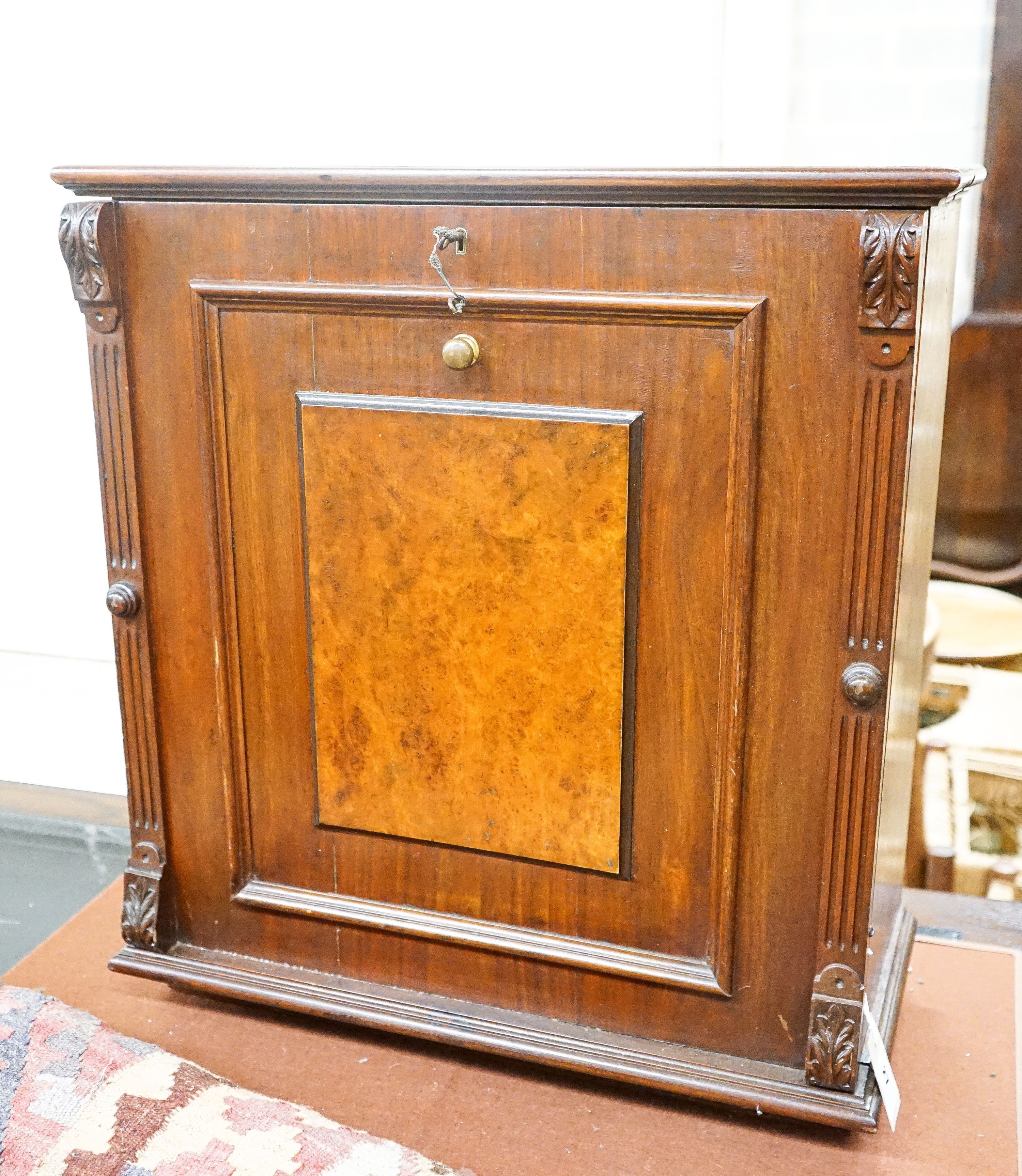 A late 19th century French oak and walnut fall front collector's cabinet, W.59cm D.29cm H.65cm